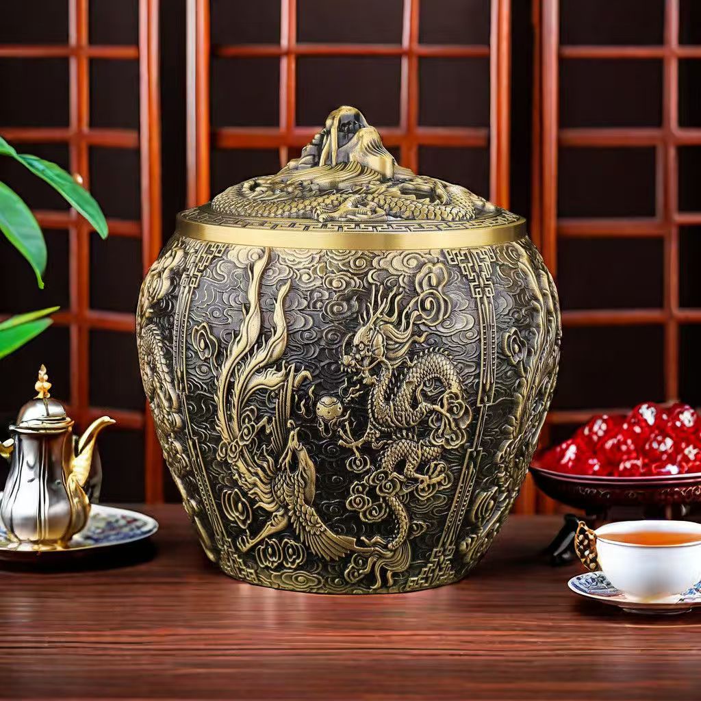 精品【高11宽10】浮雕龙凤纯黄铜茶叶罐茶桌办公室摆件礼品