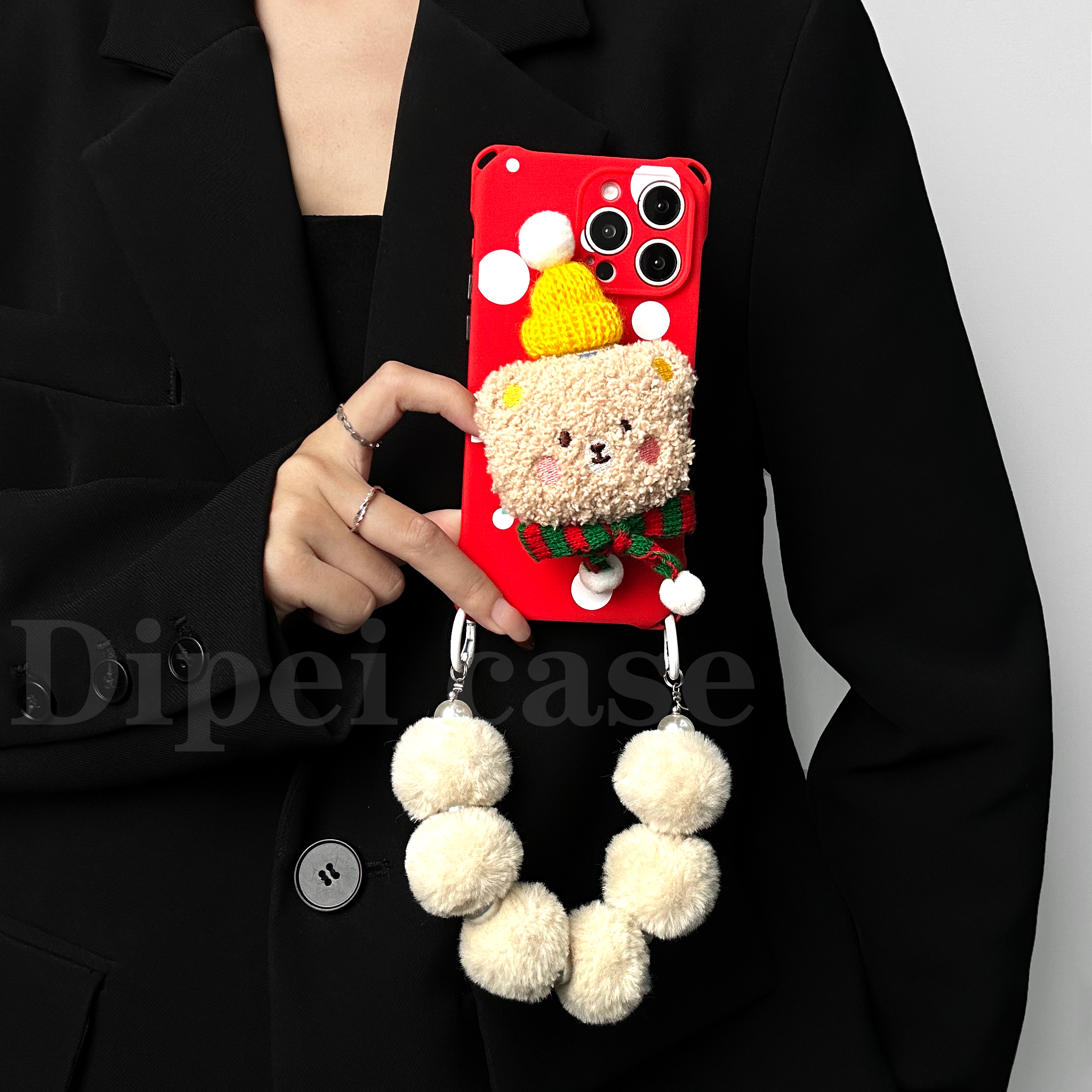 毛绒支架~四角开孔手机壳 适用苹果17promax链条华为Pura80小米15