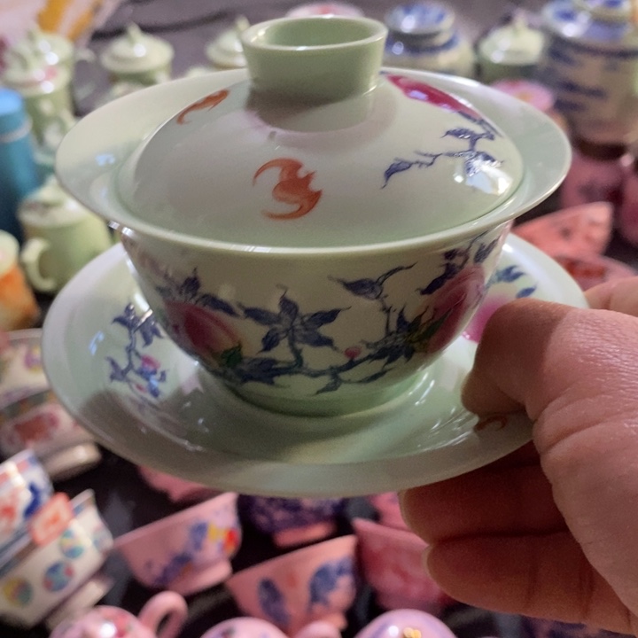 摆件瓷绿稀土寿桃三才盖碗