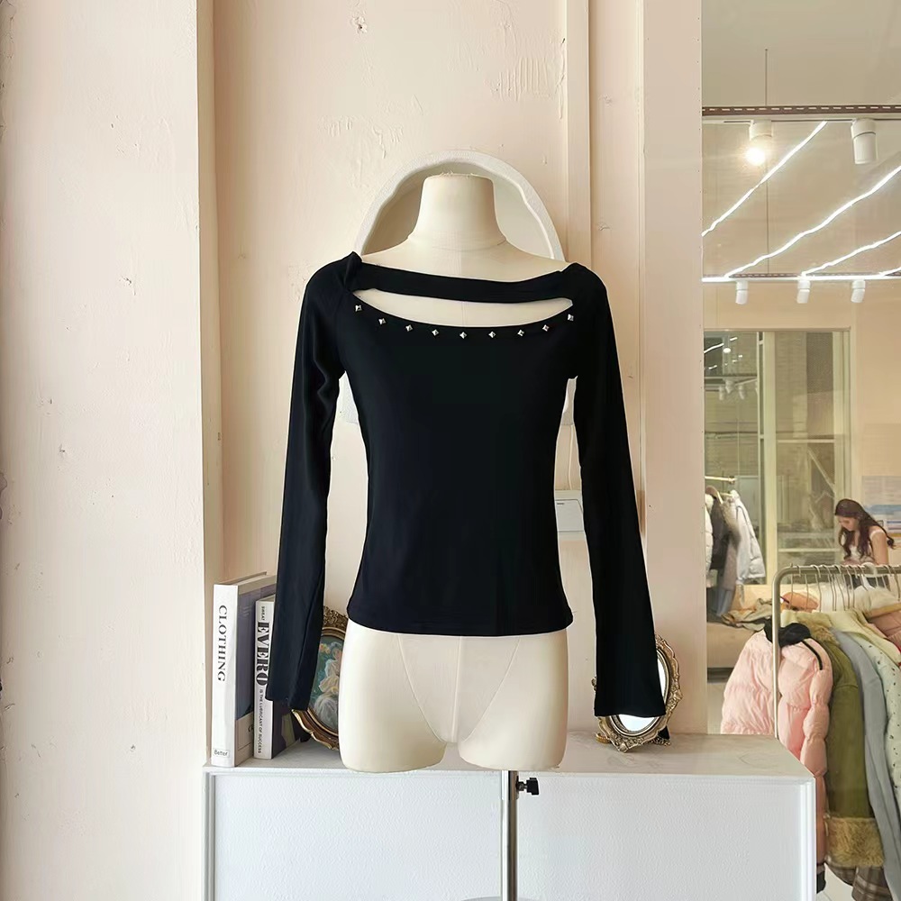 LHTE青青大码女装  春秋一字肩性感镂空上衣打底衫T恤C5326黑色