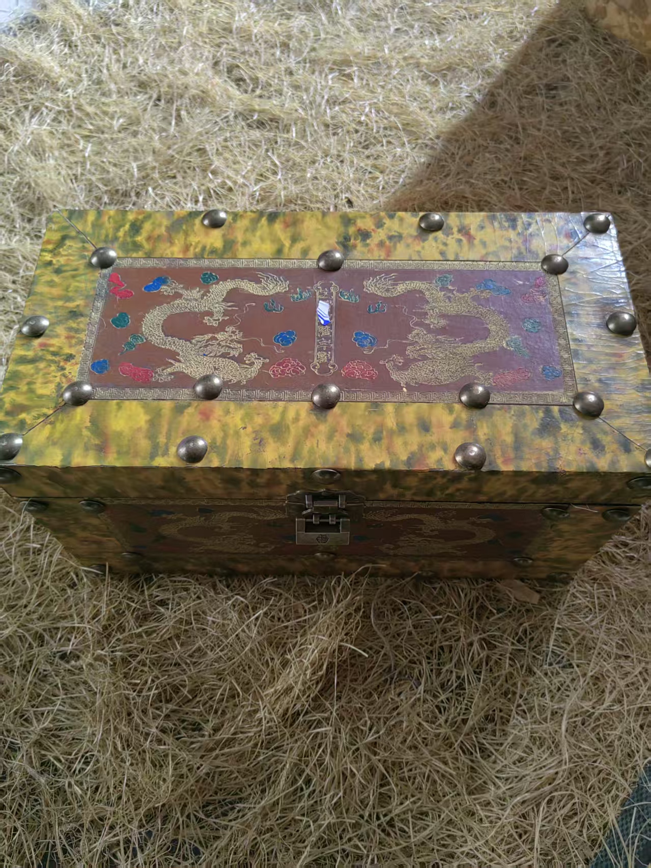 摆件精品手工摆件箱子屏 大黄双龙铆钉带原箱加一个黄瓶 双12福利