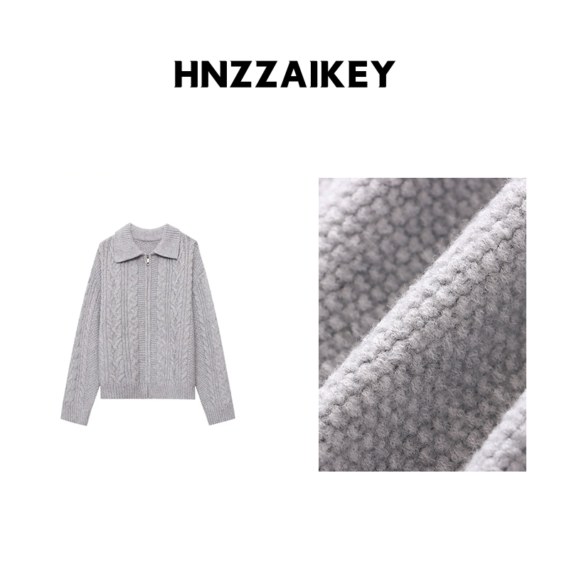 HNZZAIKEY 韩系慵懒风复古麻花翻领宽松毛衣针织开衫 MQ0922