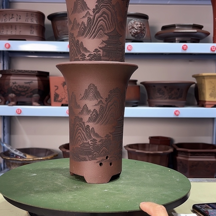 花盆紫砂刻绘小号山水