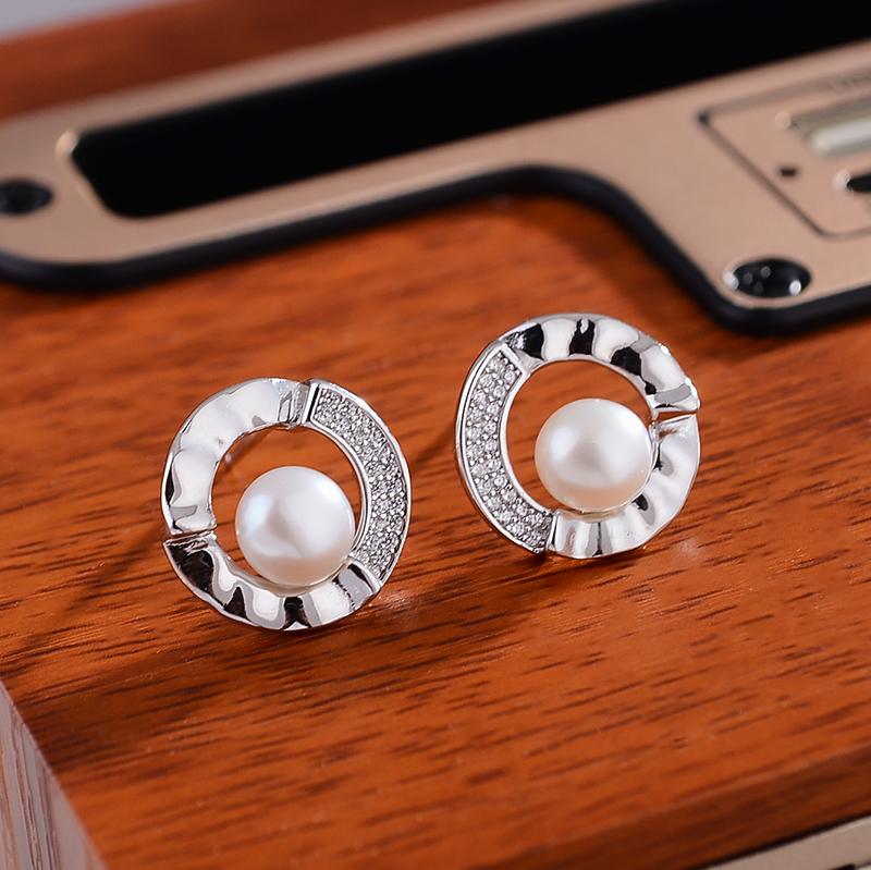 925银合成锆石耳饰 【半壁江山】金属半壁镶嵌锆石珍珠925银耳钉