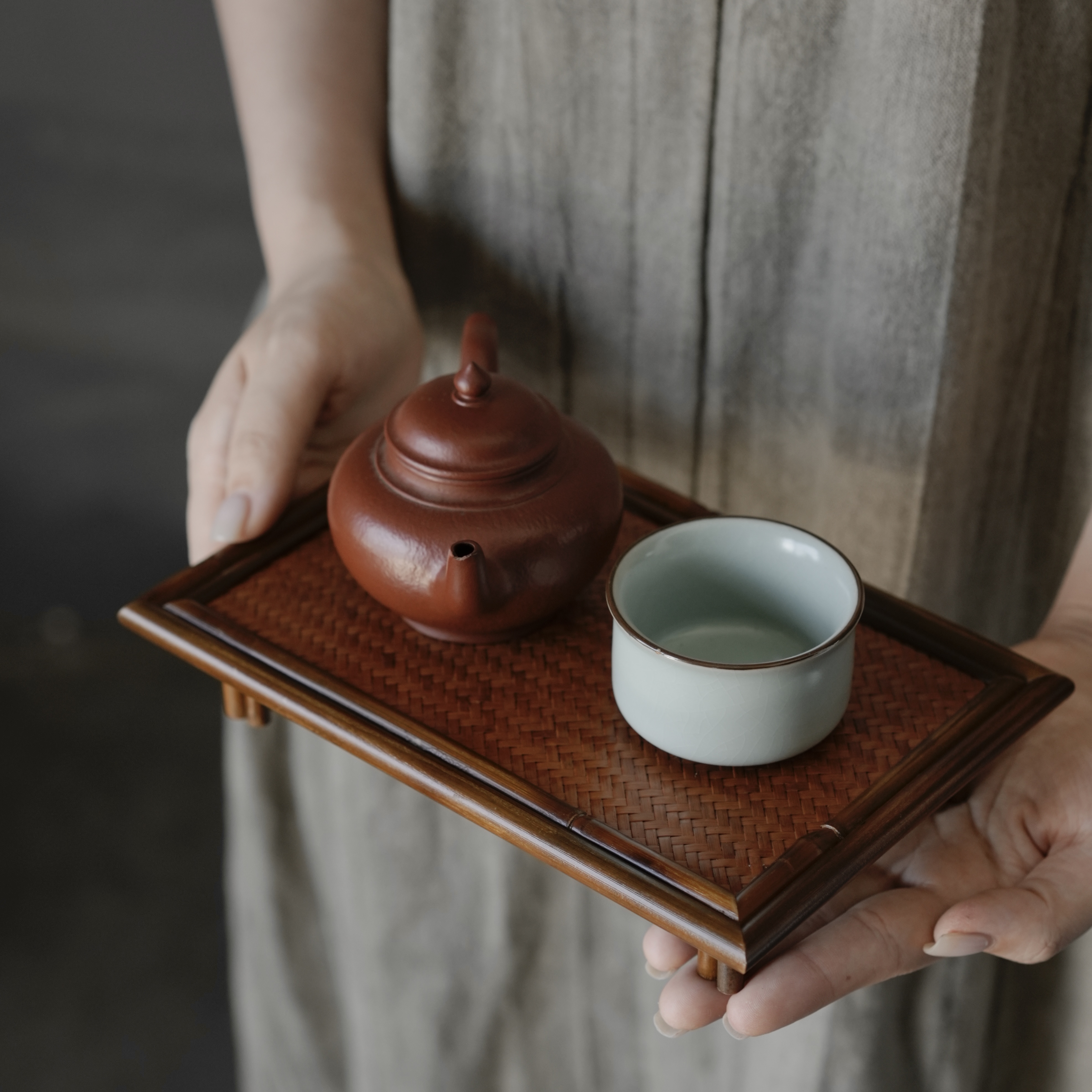 中式迷你席面小茶桌茶盘干泡盘竹编席复古茶席茶壶垫