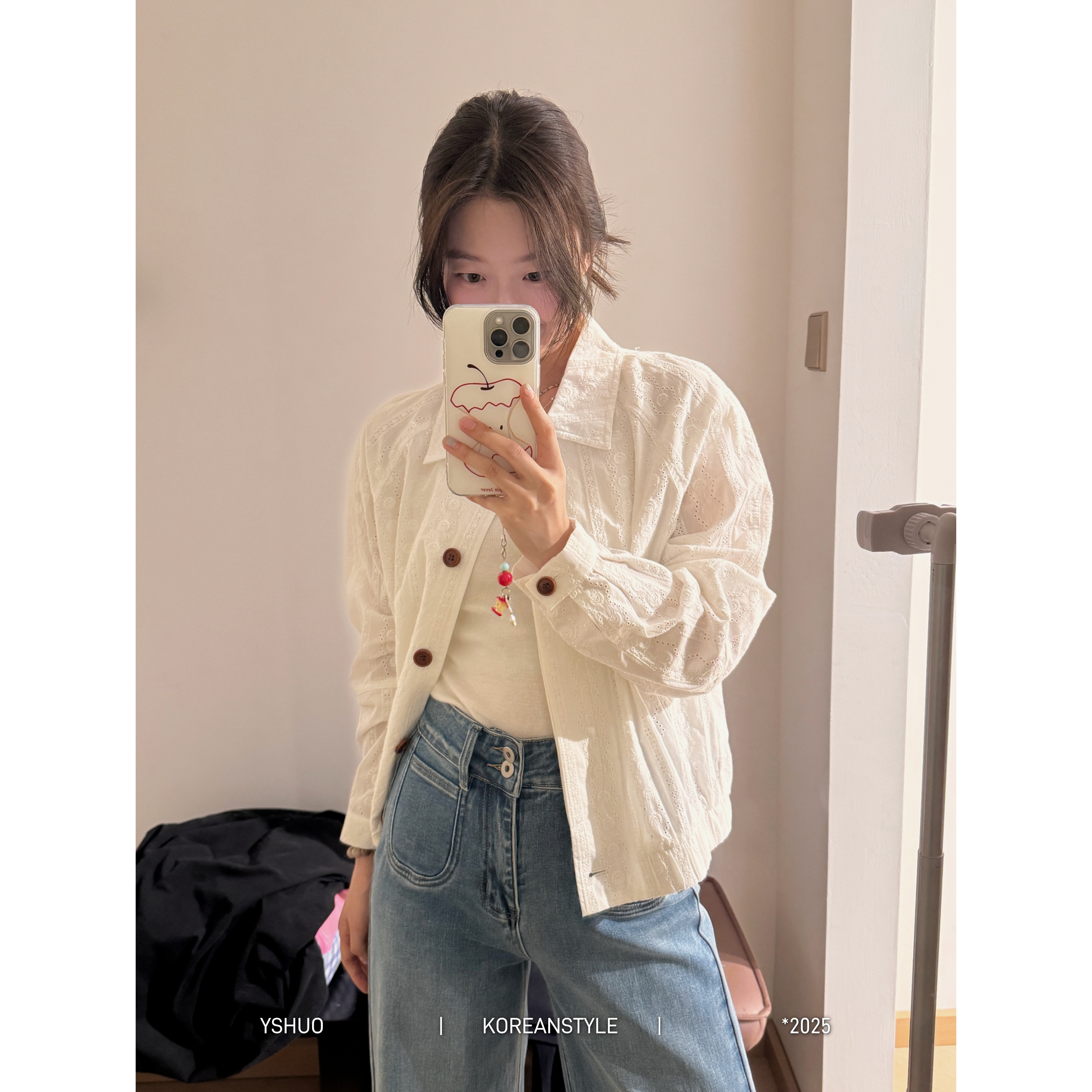 YSHUO【柔光轻洒】法式翻领镂空蕾丝刺绣精致设计感衬衫外套 9087