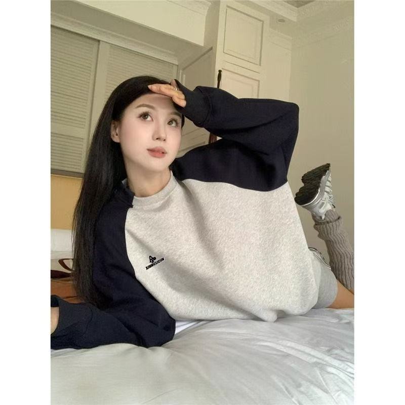 美式复古拼接插肩袖卫衣女秋冬新款字母印花加绒加厚宽松长袖上衣