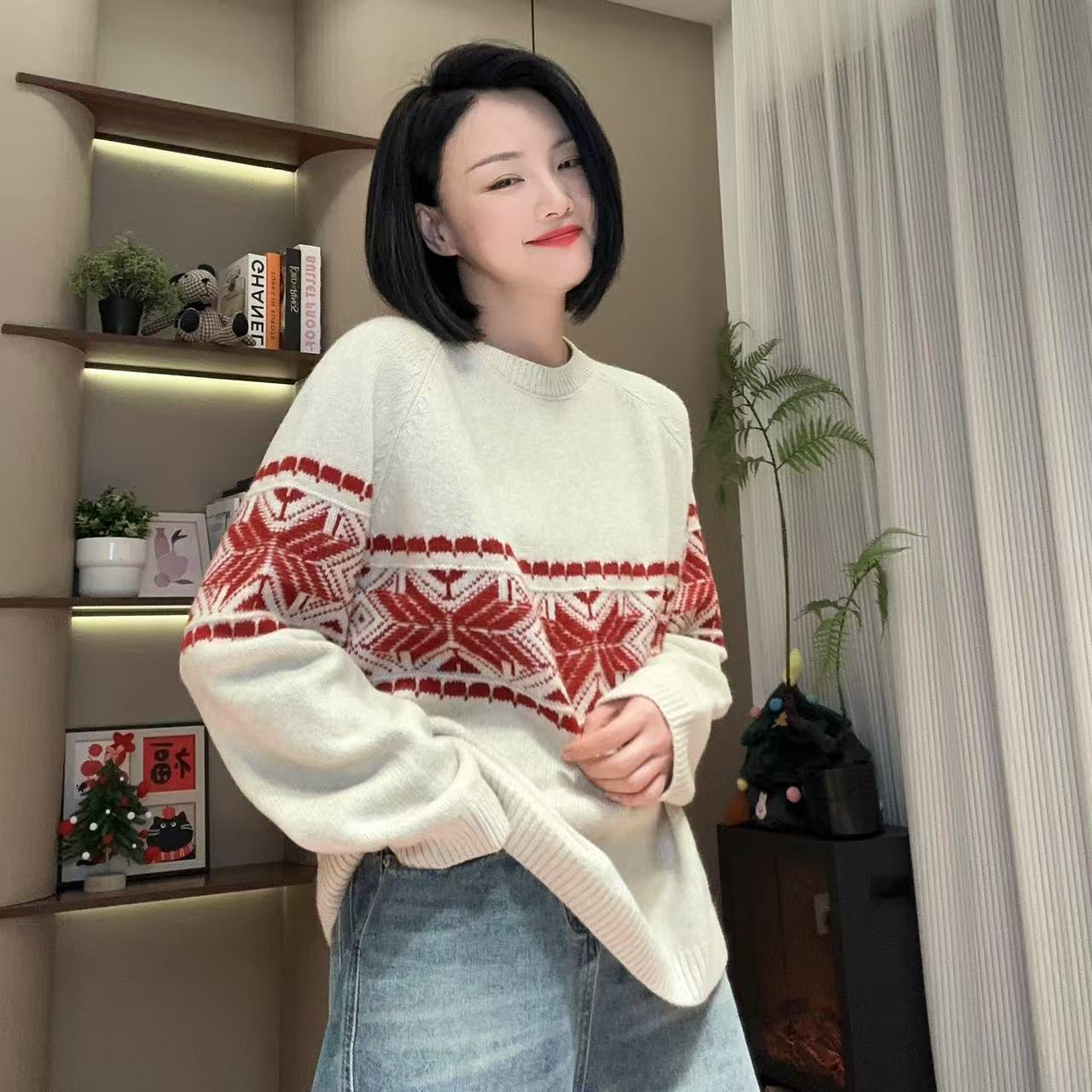 秋冬红冰花抬套头费尔岛复古毛衣针织衫5-1-11