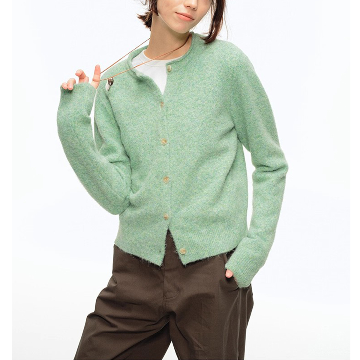 Miss sumeyY3925自制含羊毛复古圆领针织开衫秋冬外套绿色毛衣女