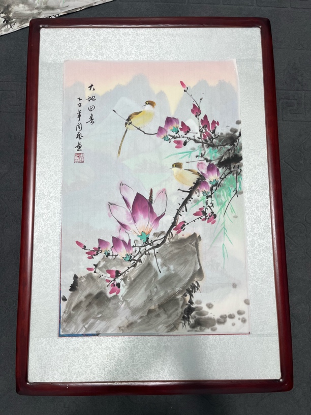 素心匠艺坊装饰画，三开大地回春花鸟46*70回家自己装裱