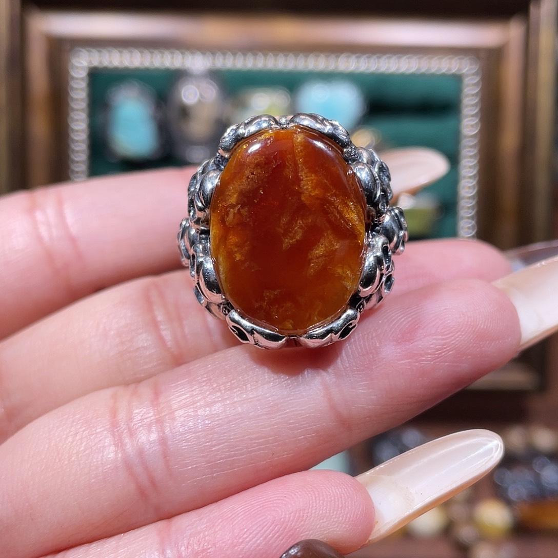 琥珀银S925镶嵌戒指戒指