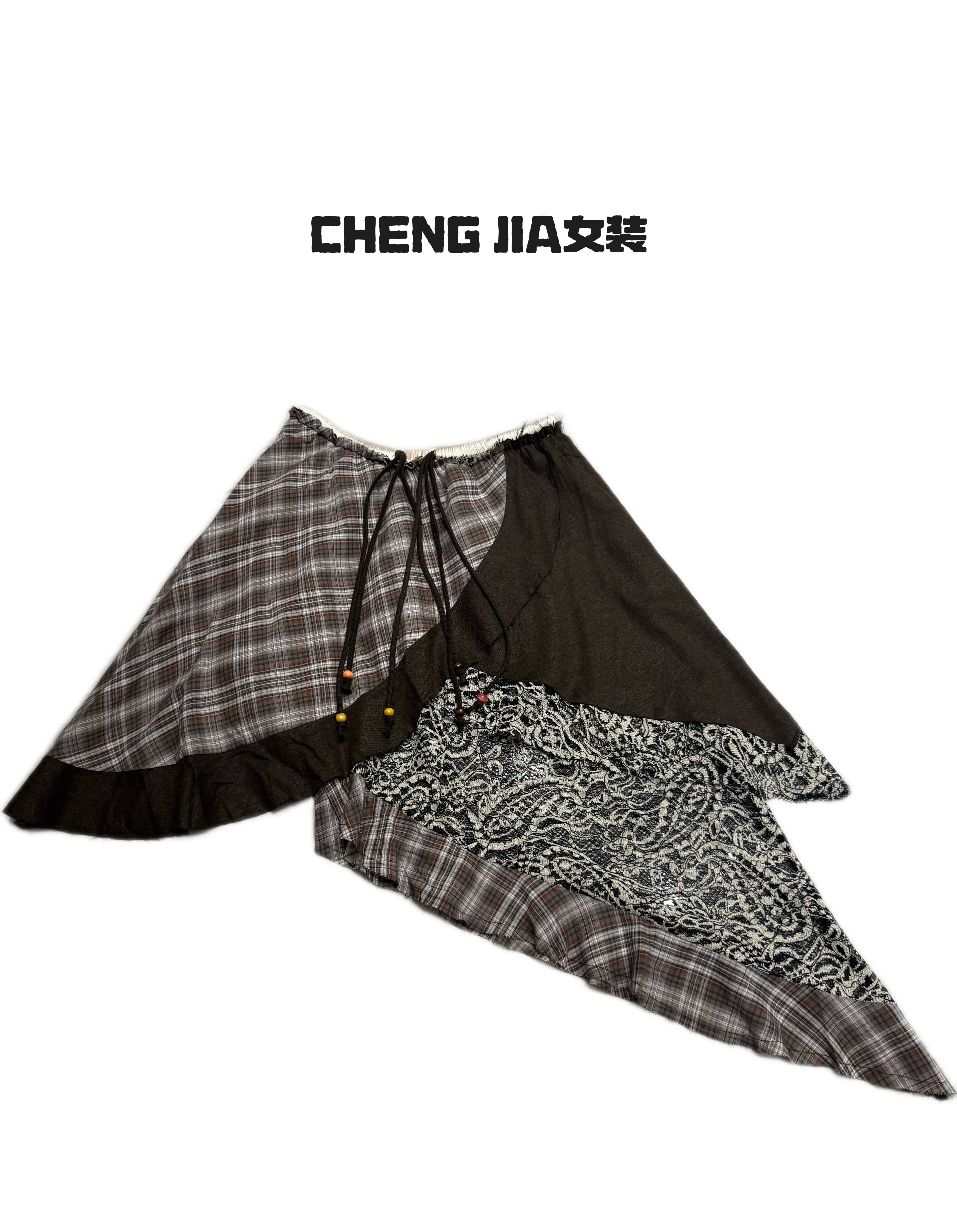 CHENGJIA-复古格纹撞色拼接蕾丝不规则设计半裙女半身裙