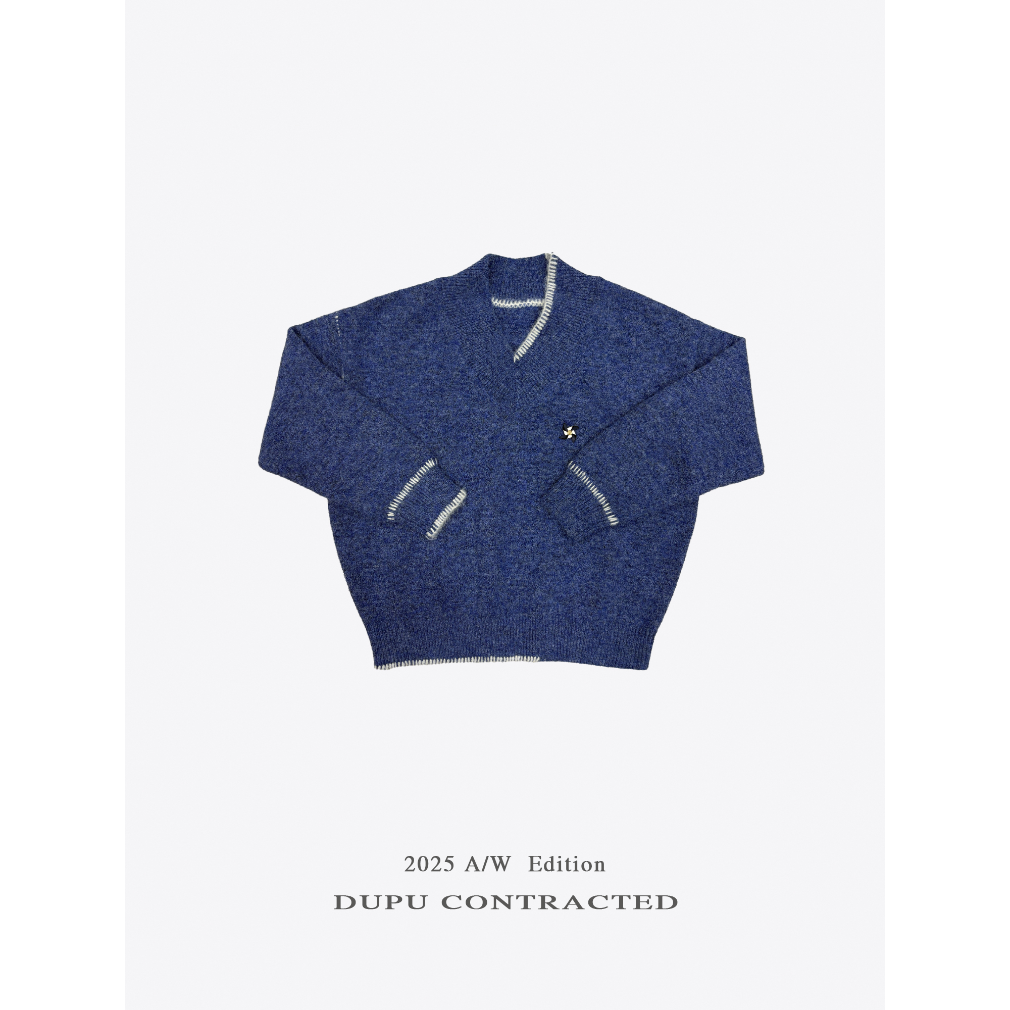 DUPU CONTRACTED 意式美学 重磅羊毛混纺手工绣花风车胸针V领毛衣