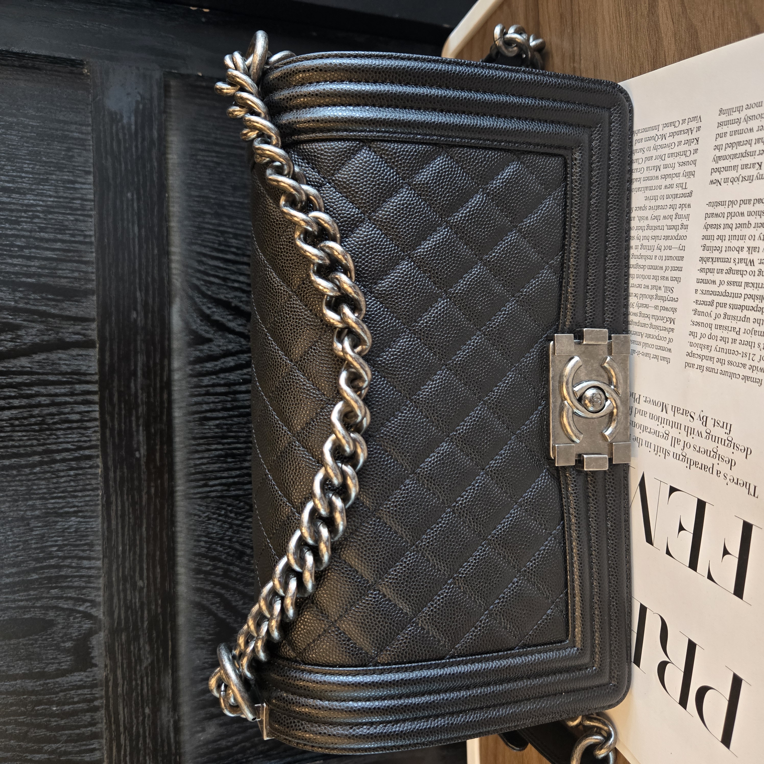 99新 Chanel/香奈儿 黑银荔枝纹leboy中号单肩斜挎包