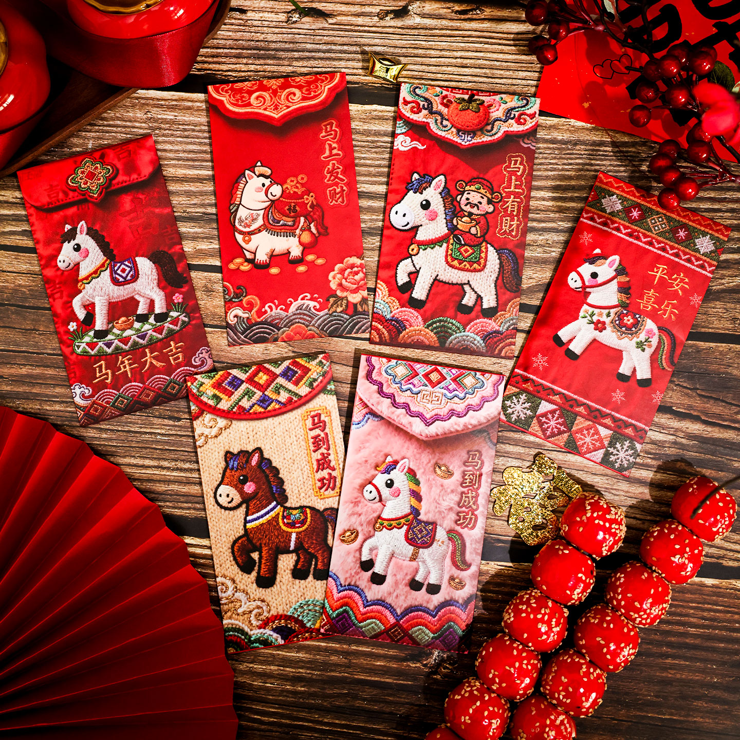【2026马年红包】平面刺绣风格可爱卡通Q版创意春节元宵节利是封新