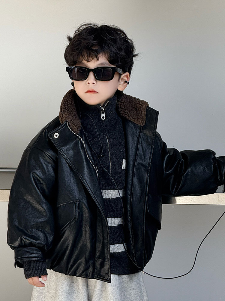 2025秋冬新款男女童毛领夹棉机车外套韩版洋气保暖外套25831