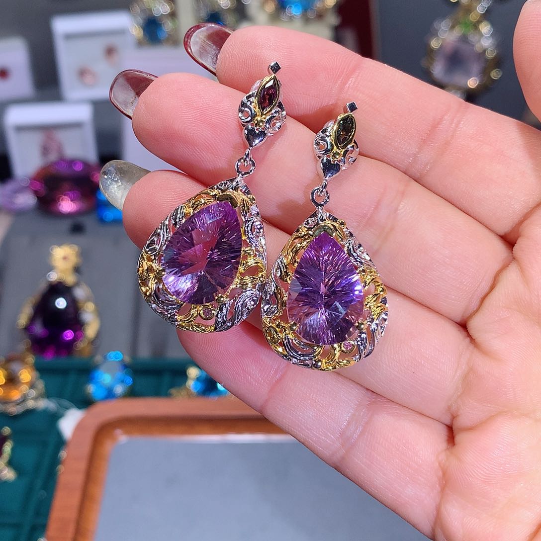 水晶耳饰银S925镶嵌耳饰