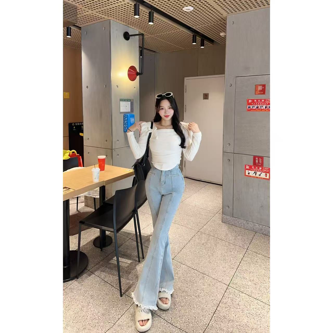 【TX】定制加绒泡泡袖长袖T恤/定制加绒拼蕾丝微喇牛仔喇叭裤