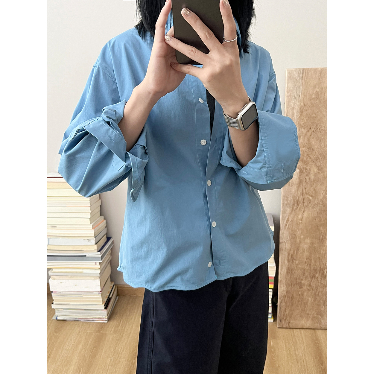 定染日本近江晒匹马棉随性可DIY鱼骨边长袖衬衫薄款夹克