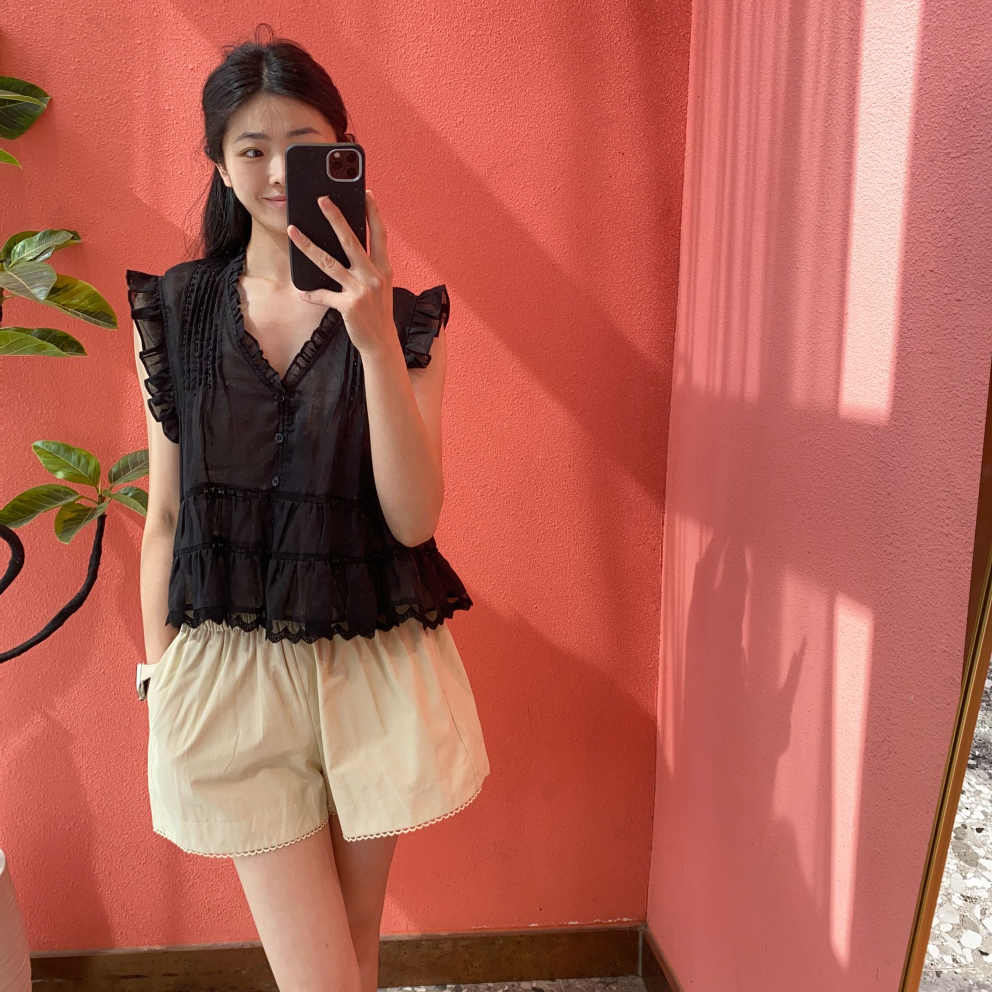 （默茗服装）串珠飞袖麻料娃娃衫