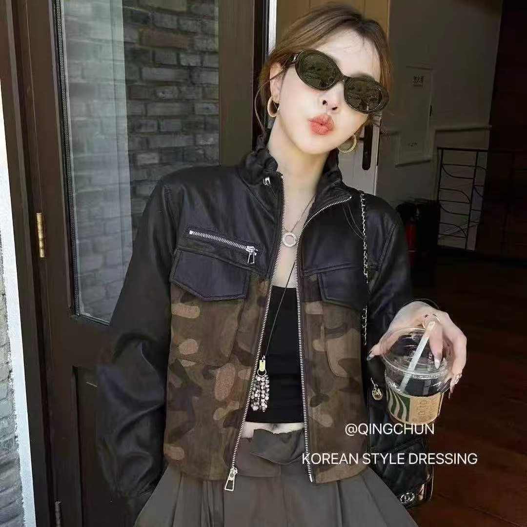 高级感麂皮外套女款秋2025新款巨好看的立领长袖迷彩正肩夹克上衣