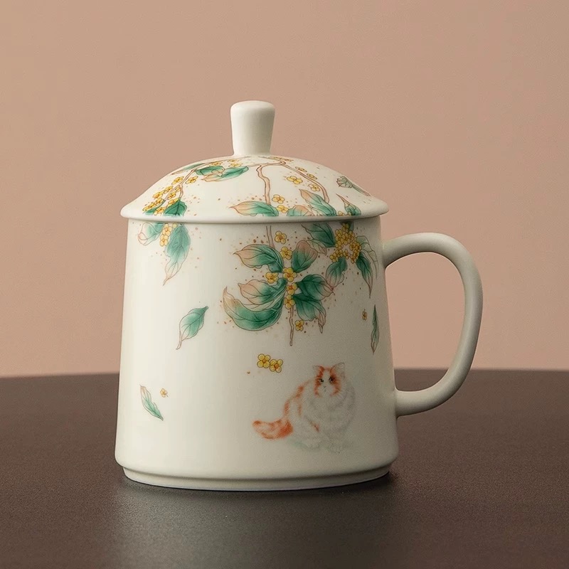 G2466富贵吉祥猫咪汝窑茶咖杯家用陶瓷大容量K150