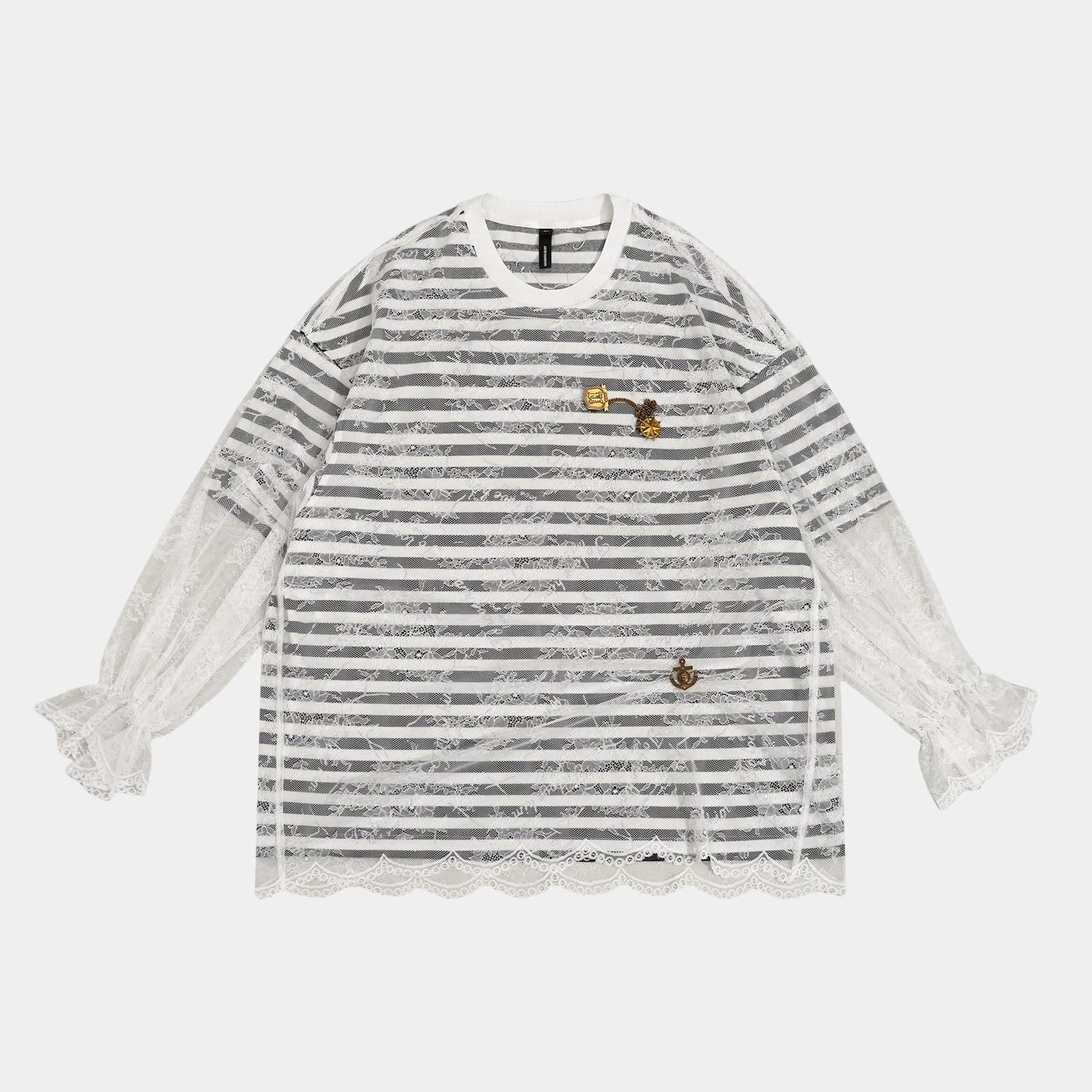 25N夏季轻奢高级美式街头黑白条蕾花拼接设计长袖连衣裙 152521