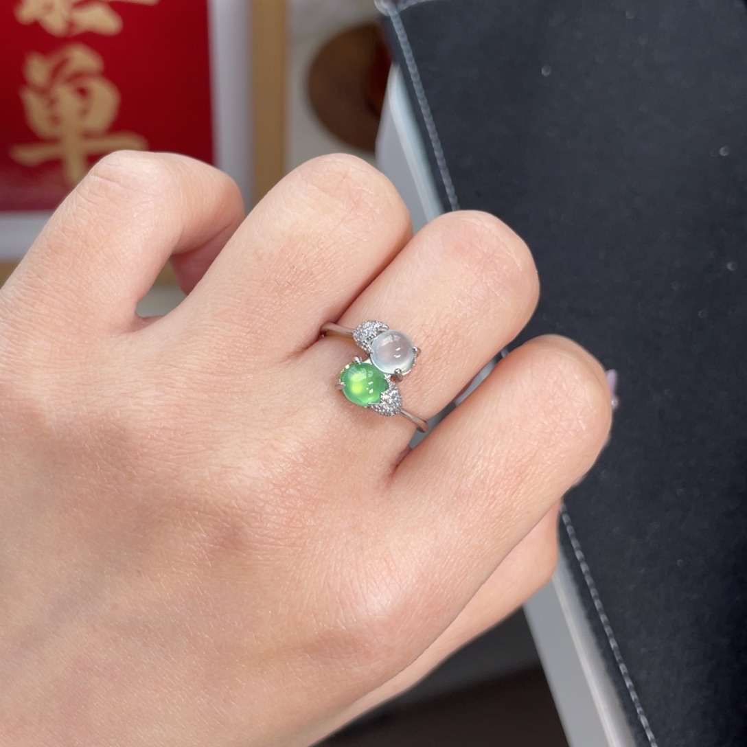 翡翠戒指银S925镶嵌朝*14558