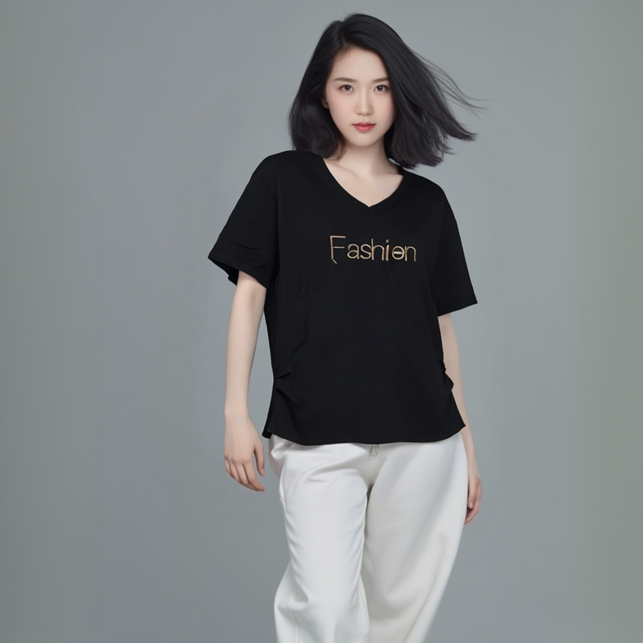 几何V领常规款短袖卡通T恤女士夏季简约均码宽松洋气休闲装纯棉