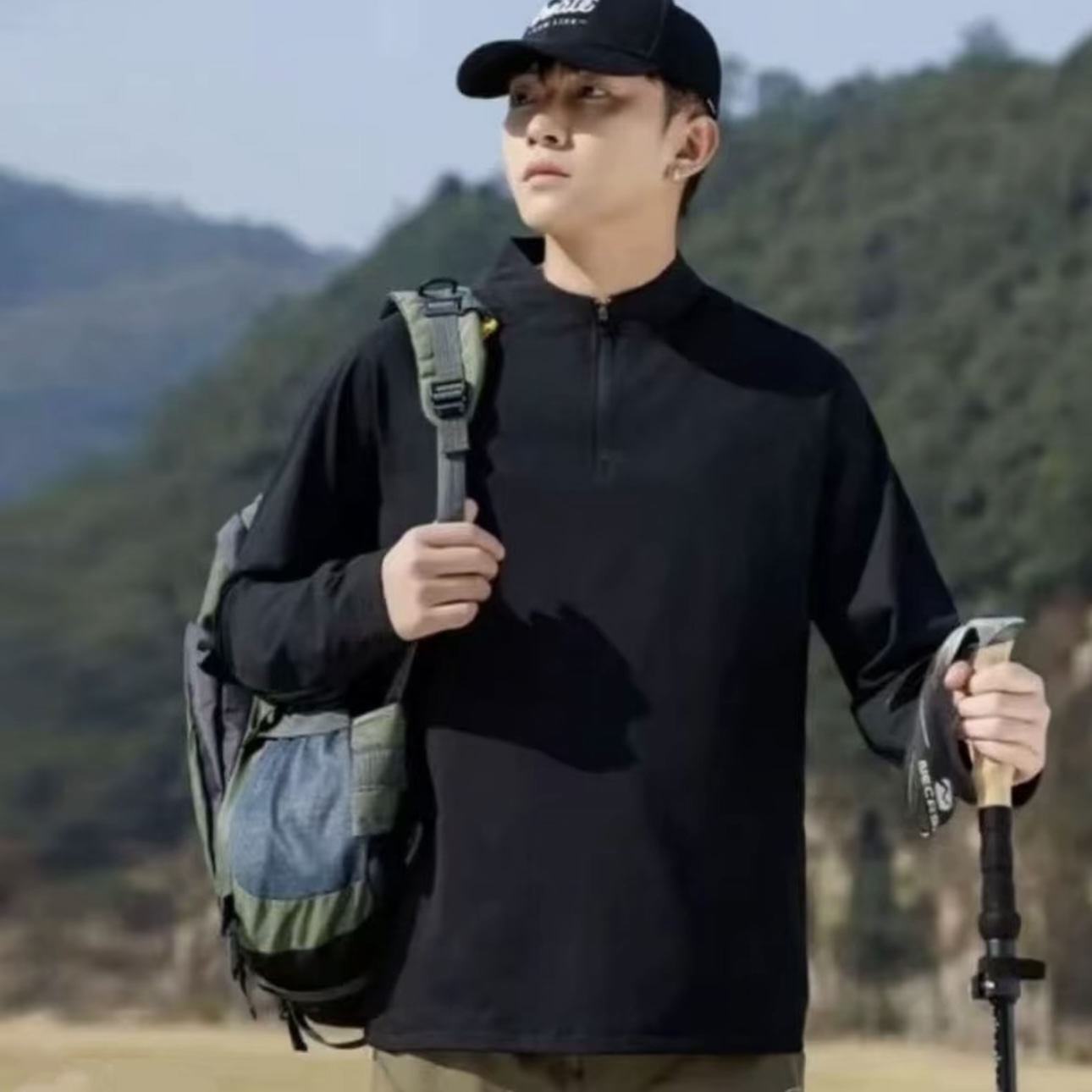 D户外速干卫衣半拉链打底T恤全身无痕压胶拼接男士加绒上衣时尚