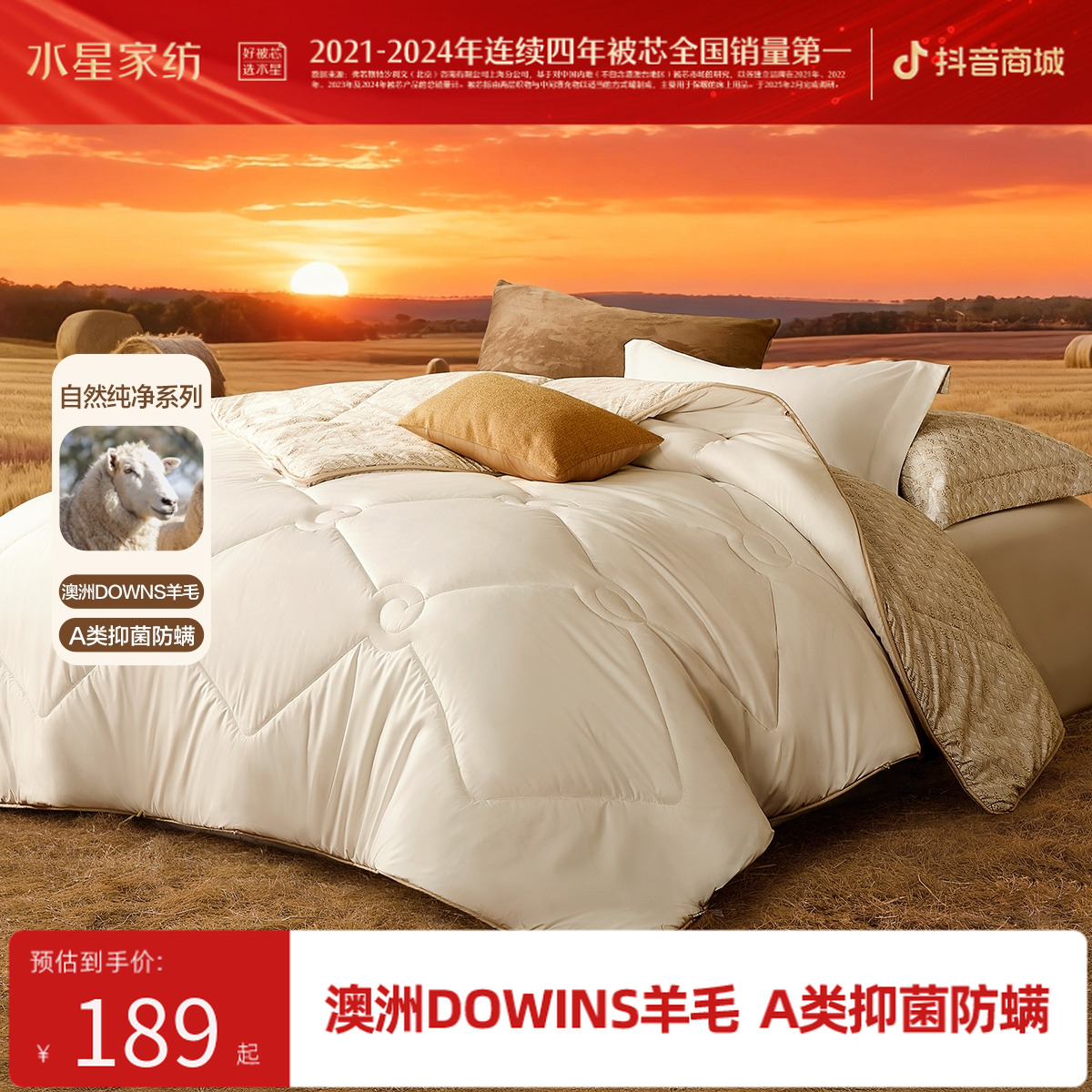 【春日换新】水星家纺A类澳洲DOWNS羊毛被抑菌四季被冬被子秋冬款商品图