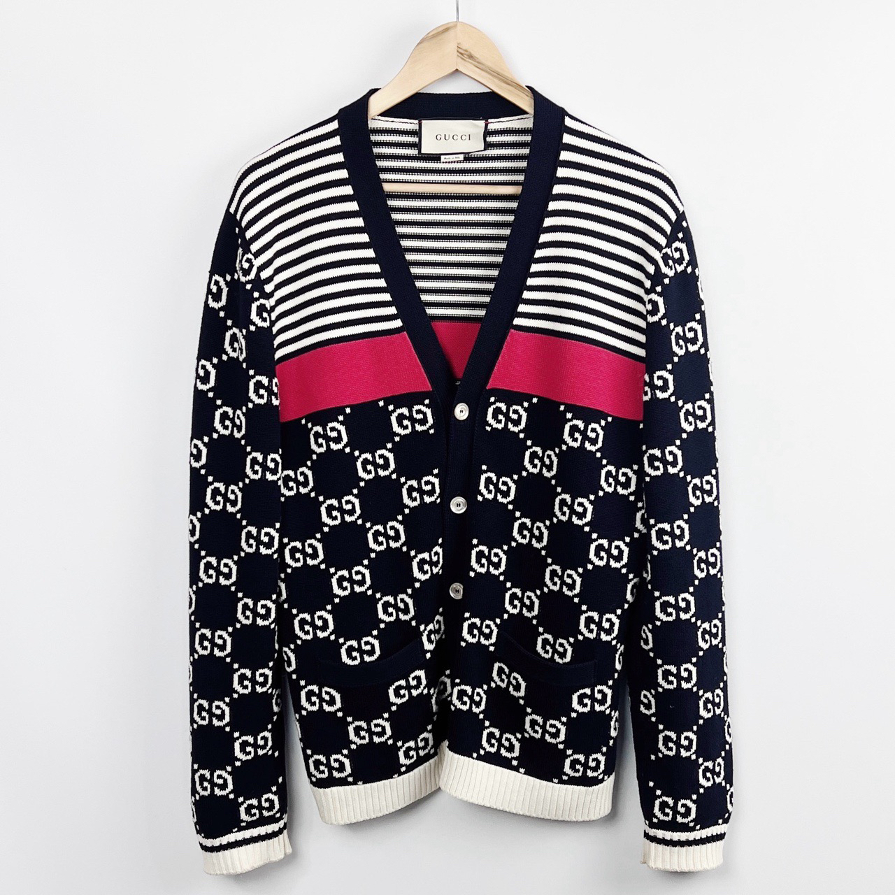99新 GUCCI/古驰 L码满logo印花拼接条纹开衫 99新 lm3090