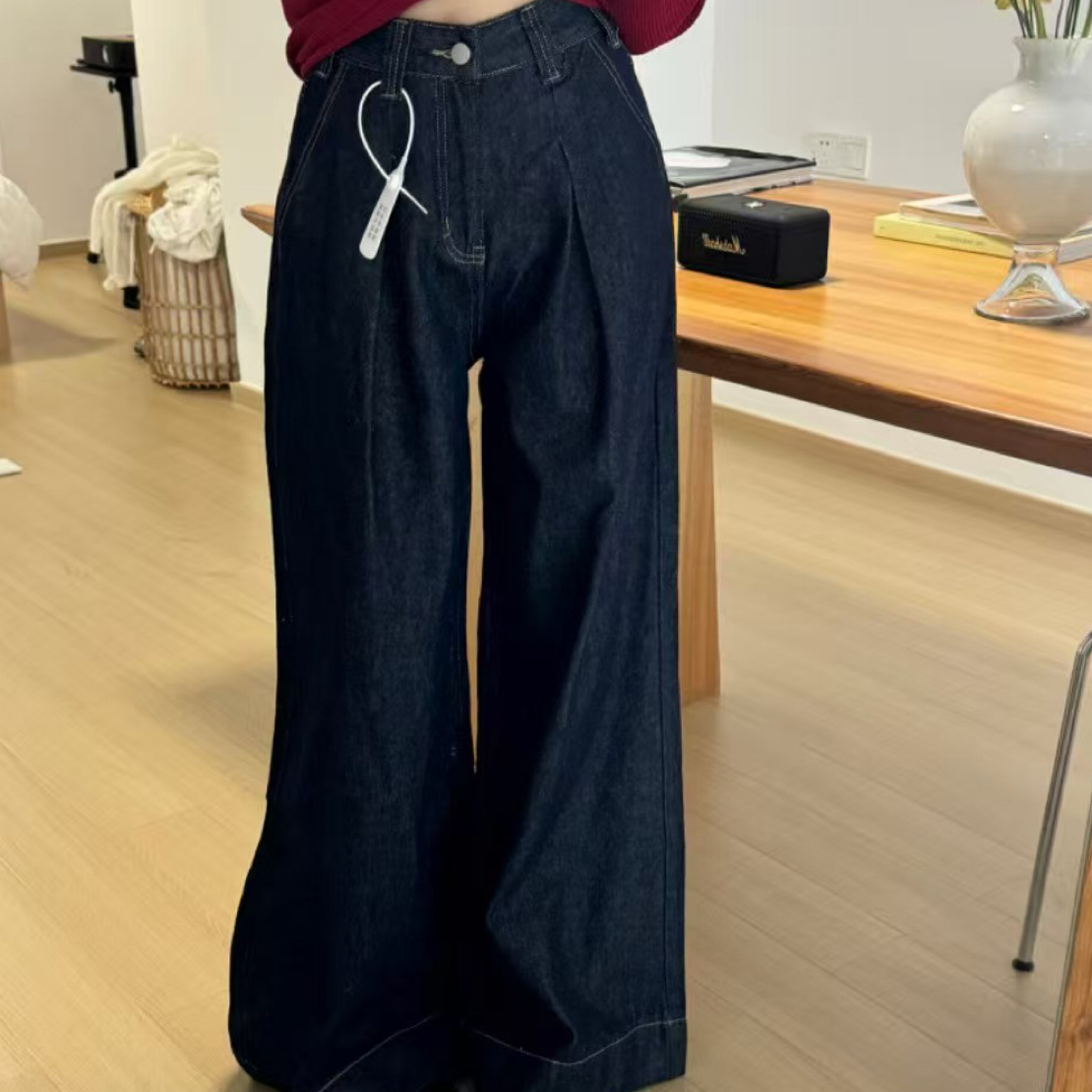 0096丹宁蓝高腰阔腿牛仔裤宽松显瘦拖地长裤