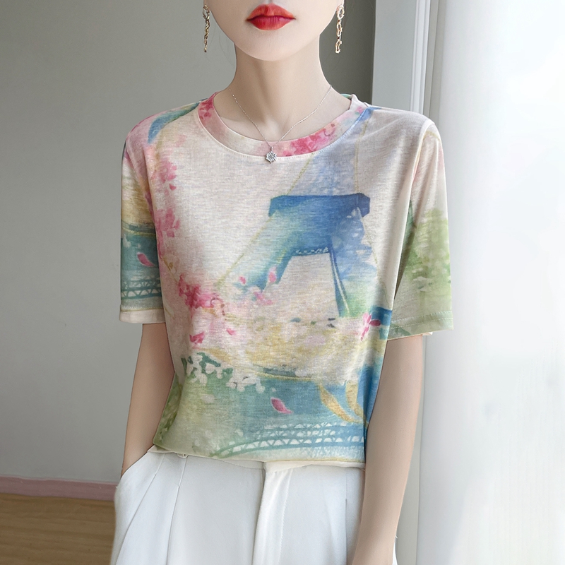 夏季设计感印花时尚夏季女士凉感花卉T恤夏装圆领