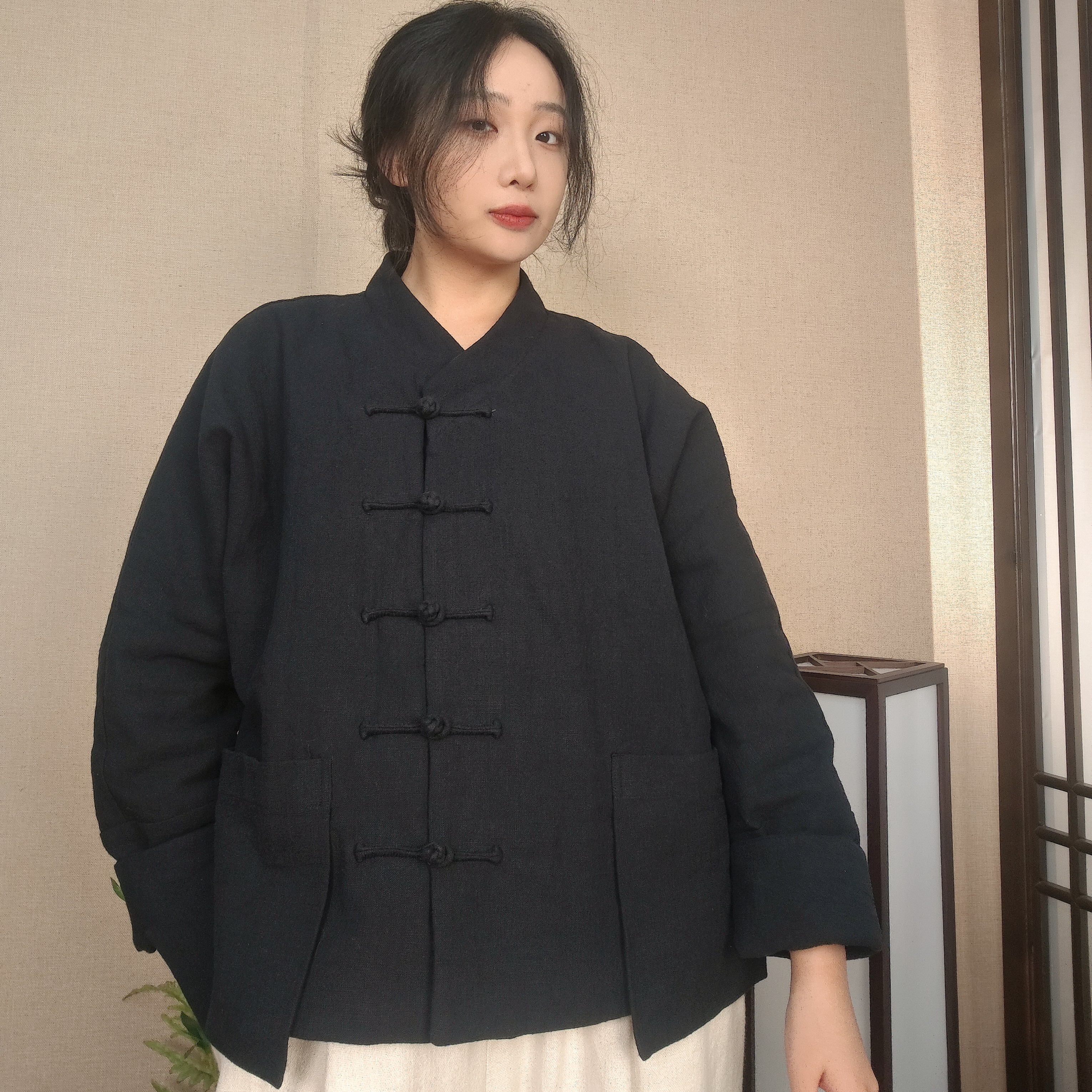 亚麻立领纯色长袖V型交领常规款唐装网红秋冬对襟盘扣新中式棉服