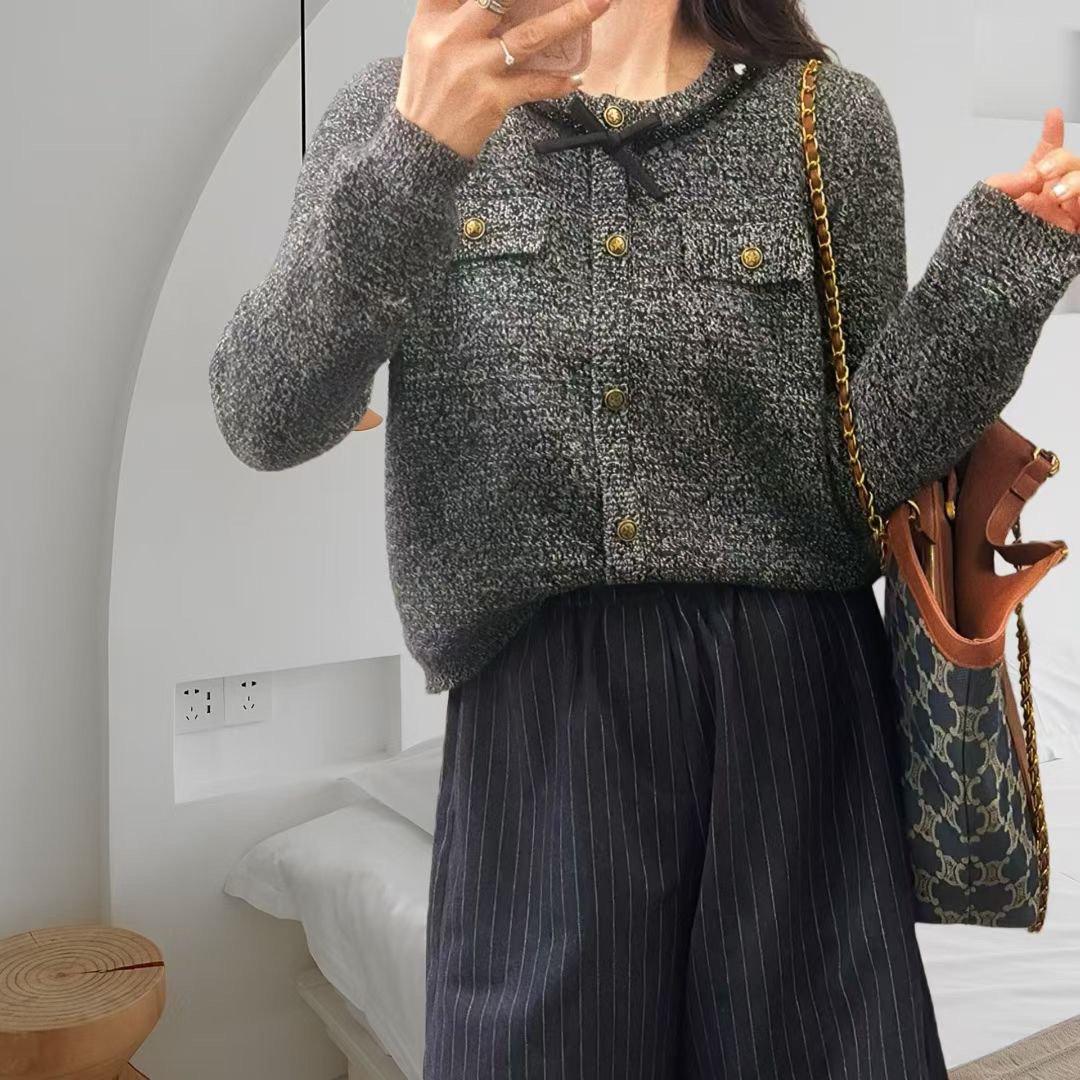 圆领小香风针织衫女秋冬蝴蝶结系带亮片花纱长袖毛衣外套上衣