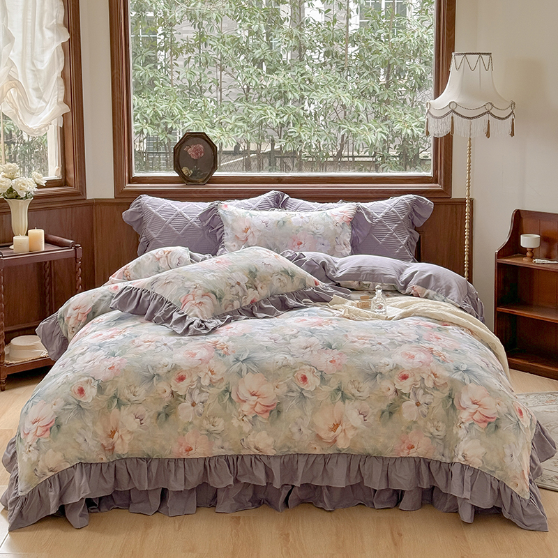 【A类母婴级】全棉双层纱床盖四件套 纯棉皱皱纱数码印花绗缝四季款