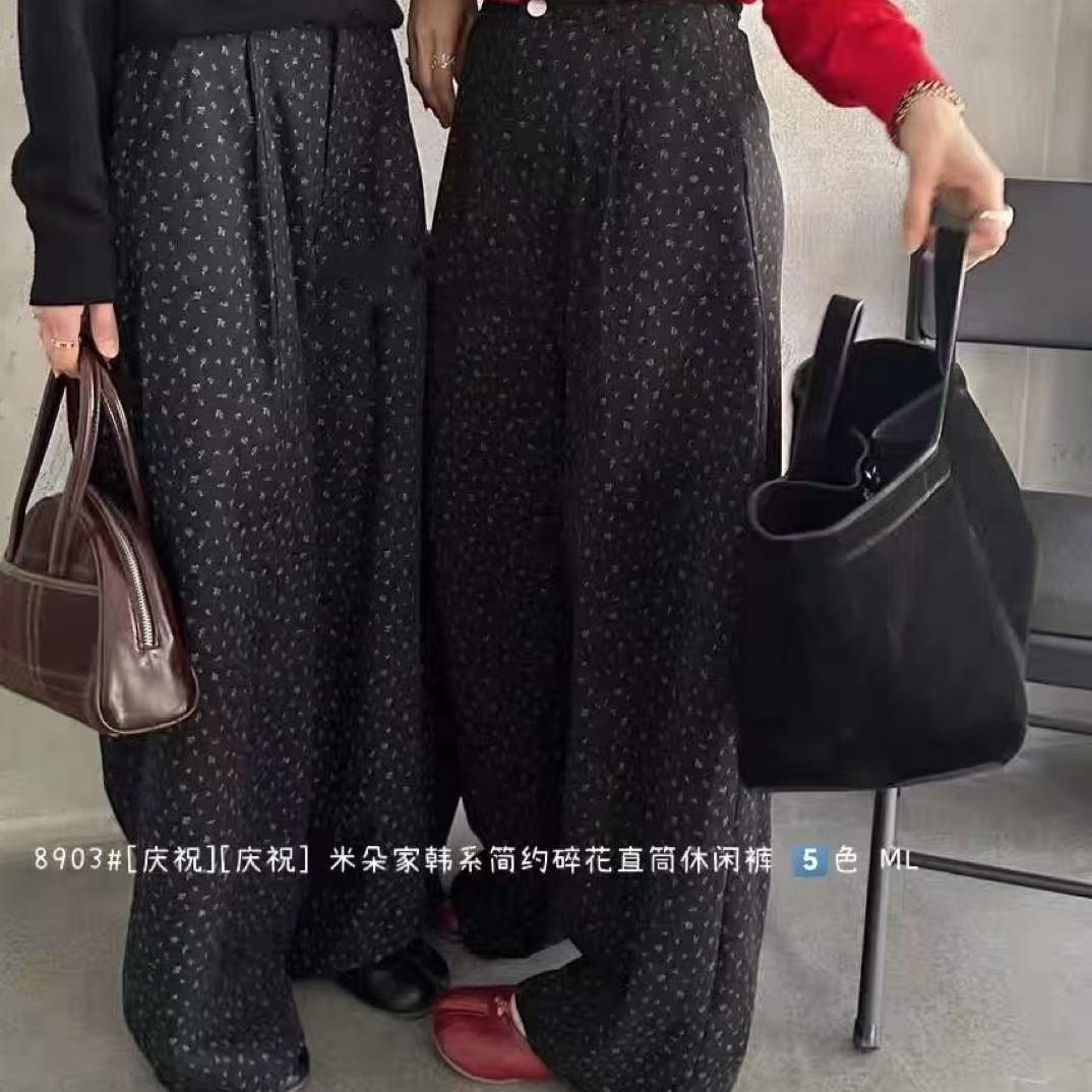 小众独特碎花掐褶显瘦高腰宽松阔腿休闲裤遮胯