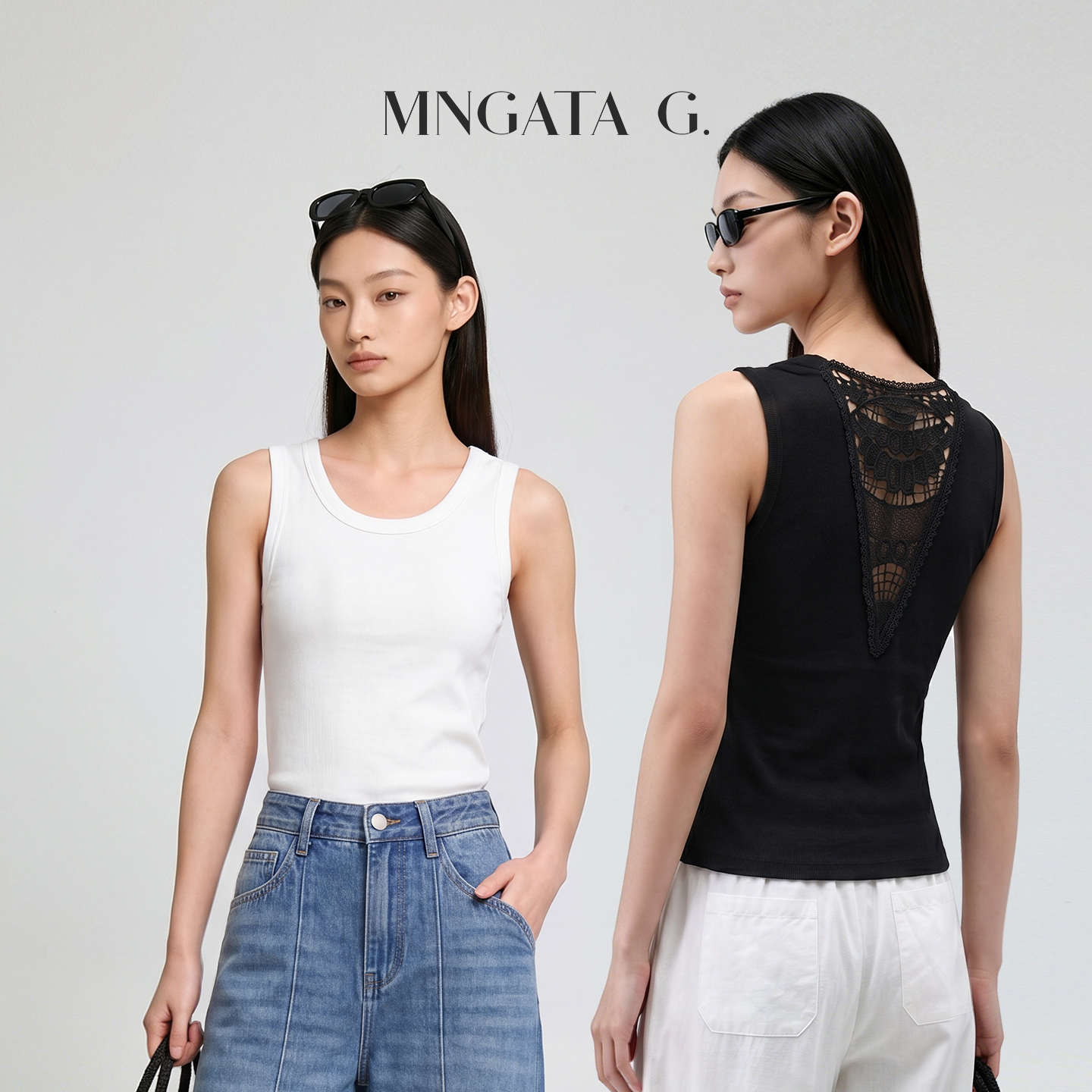 MNGATA G.宫小妍【第五大道】曼加塔百搭镂空绣极简修身背心6040575