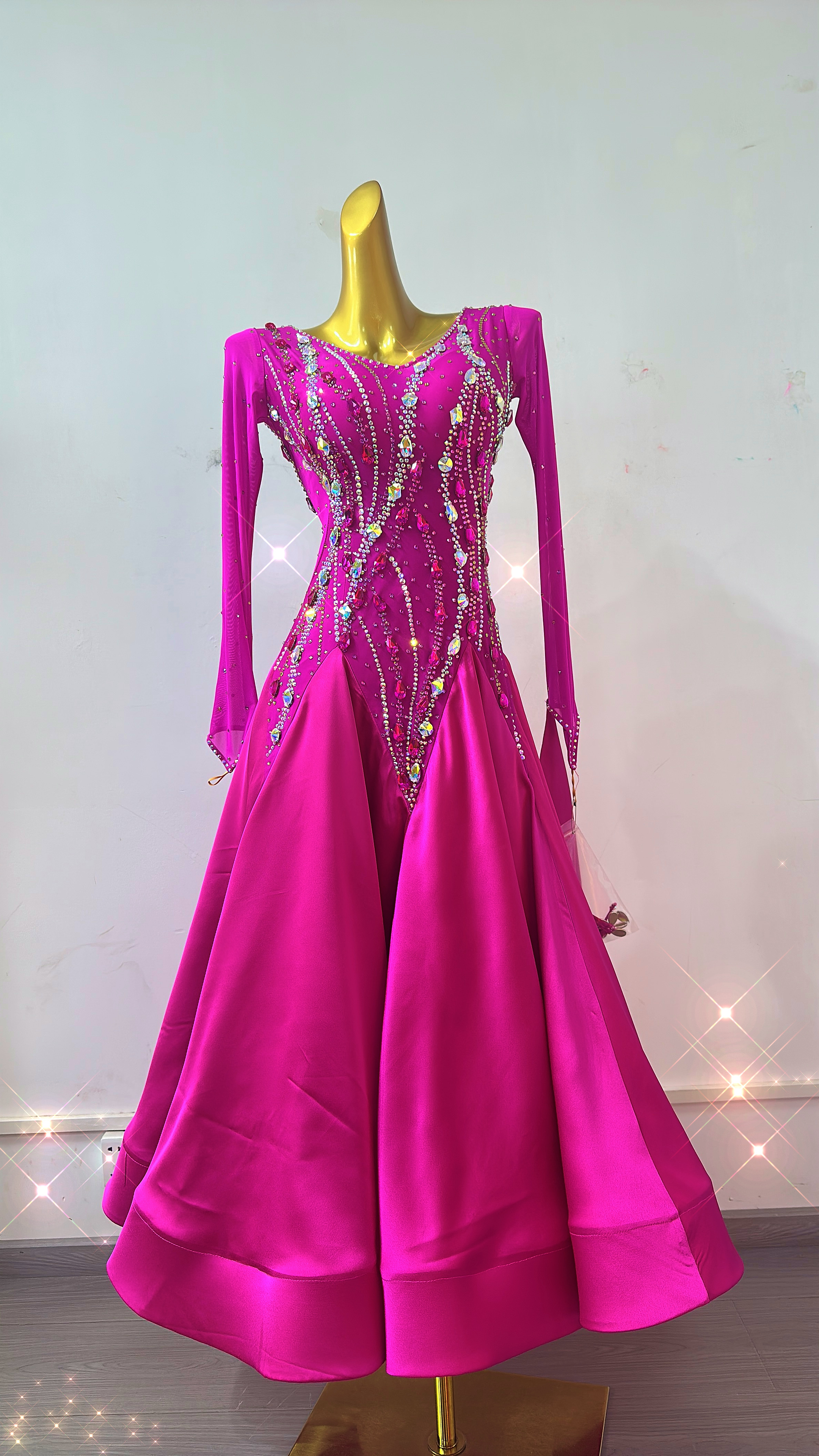 舞依阁高档定制款玫红进口料摩登舞裙国标华尔兹交谊舞定制连衣裙