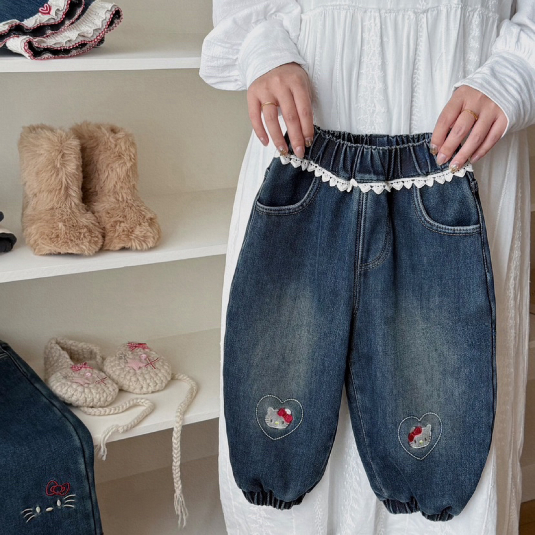 【原创设计品牌】ydd&kids 3903秋冬女童一体绒牛仔裤儿童韩版长裤