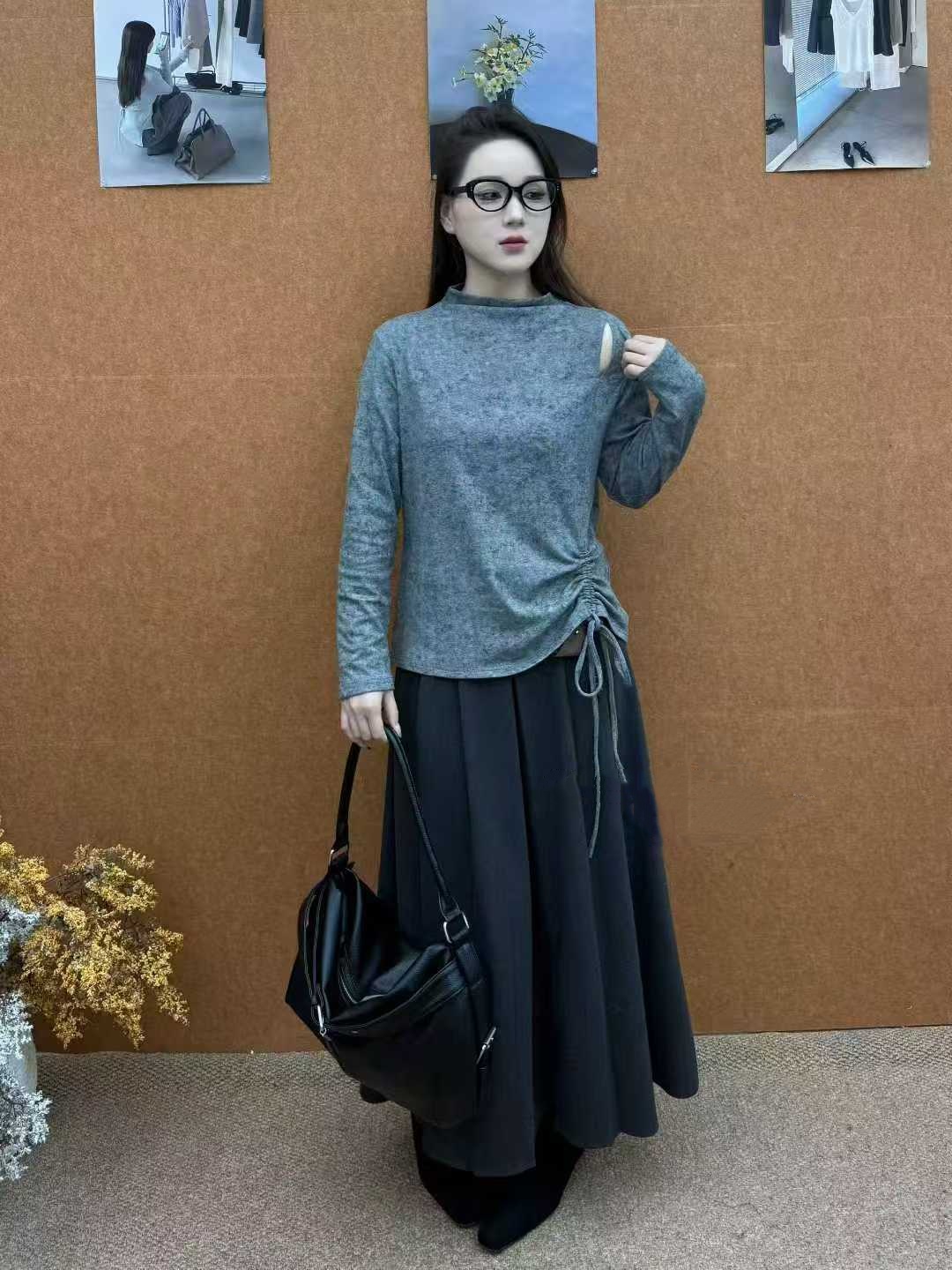 1313露肩抽褶半高领打底衫秋冬胖mm大码显瘦修身T恤气质显瘦上衣