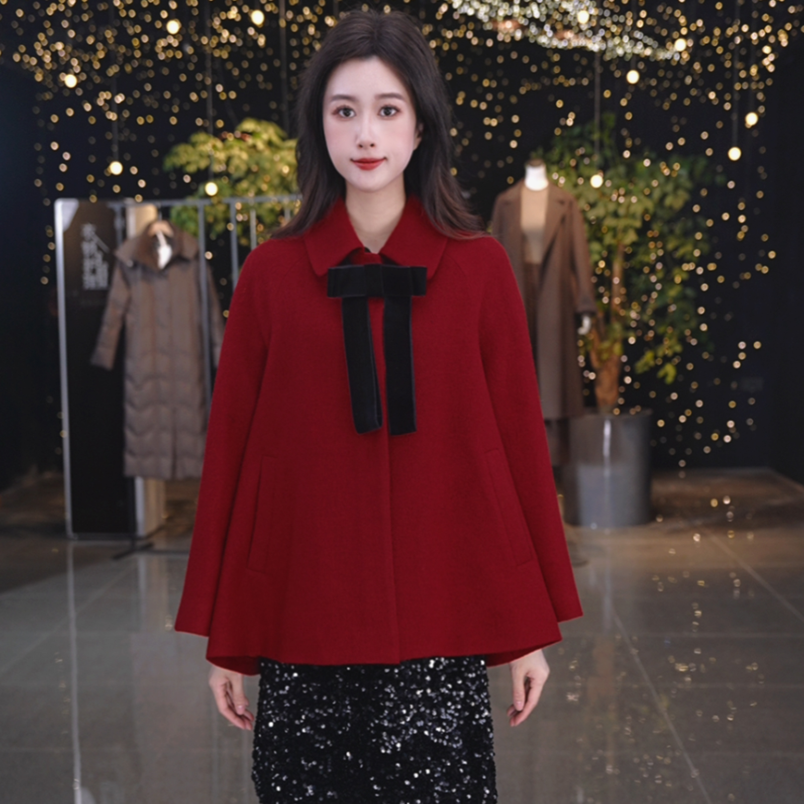 歌莉娅 春季新品  绵羊毛圈圈呢外套配蝴蝶结1F1R6E210