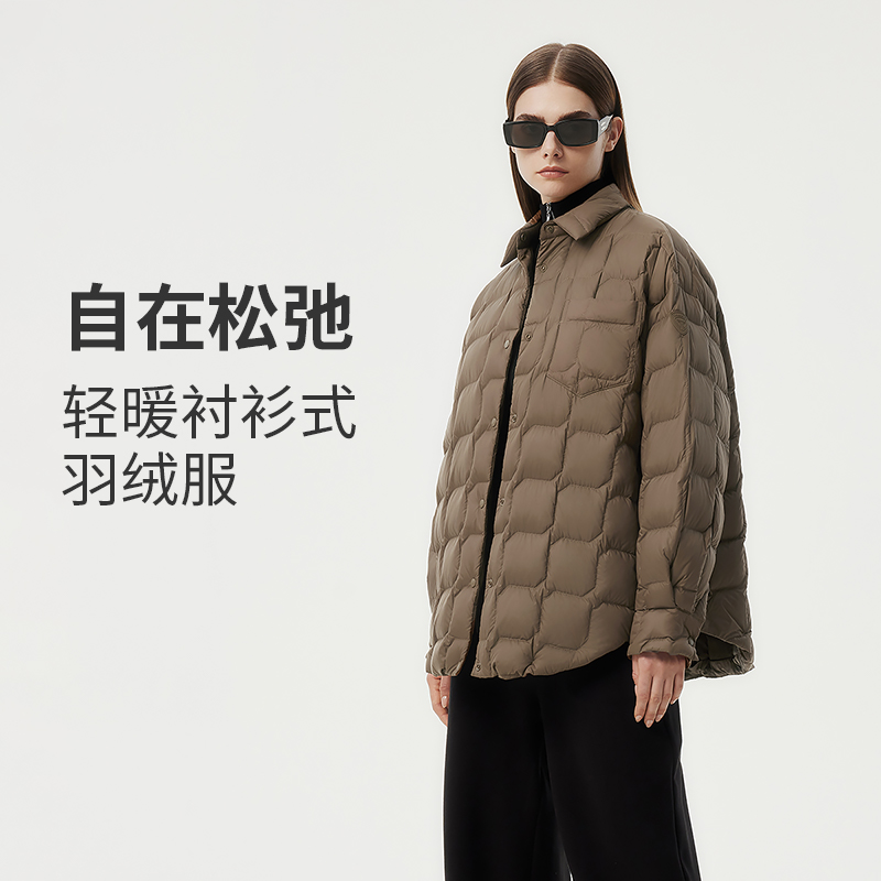 坦博尔2024新款翻领衬衫轻薄羽绒服女小个子感阔型外套TBF330270Z