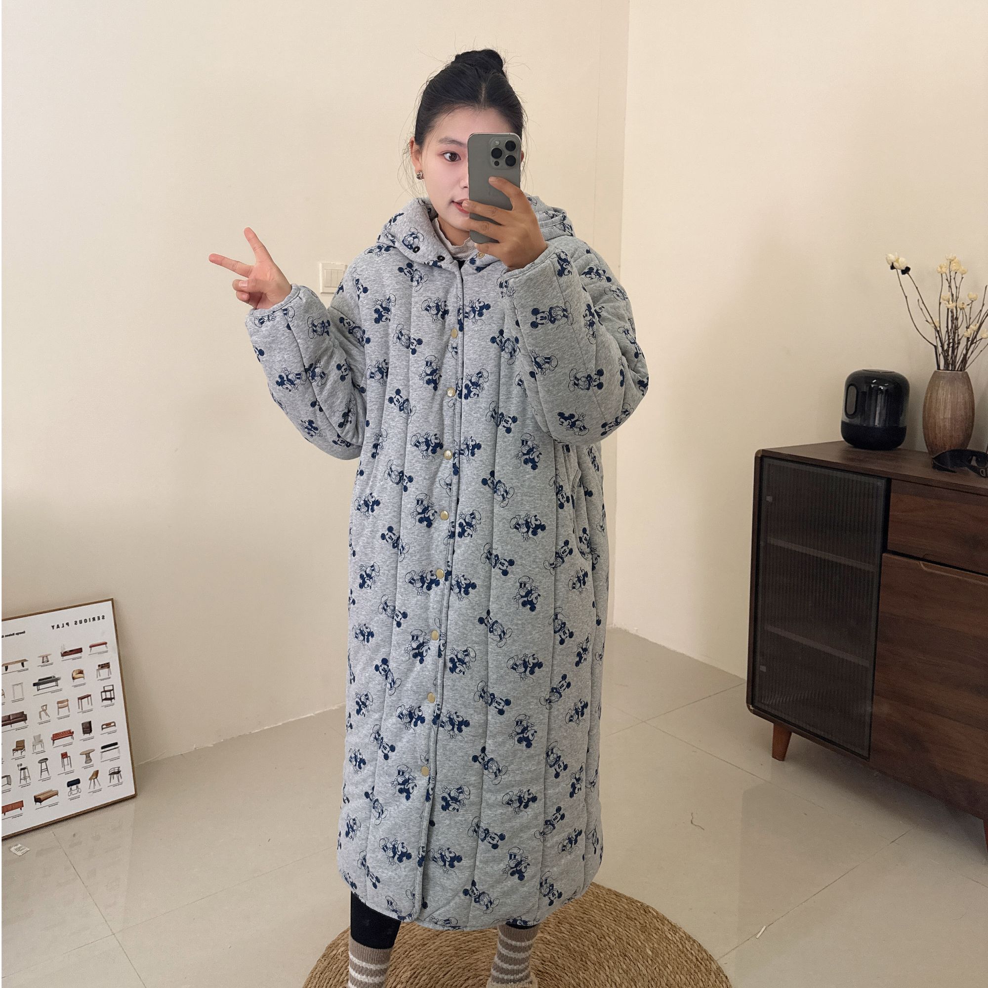 【灰底蓝米奇】300g新疆棉连帽直筒大长款宽松棉衣棉服家居服减龄