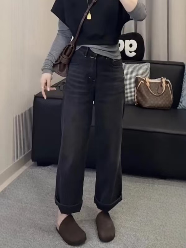 8678*高腰显瘦阔腿裤秋季长裤高腰牛仔裤气质加绒休闲黑色