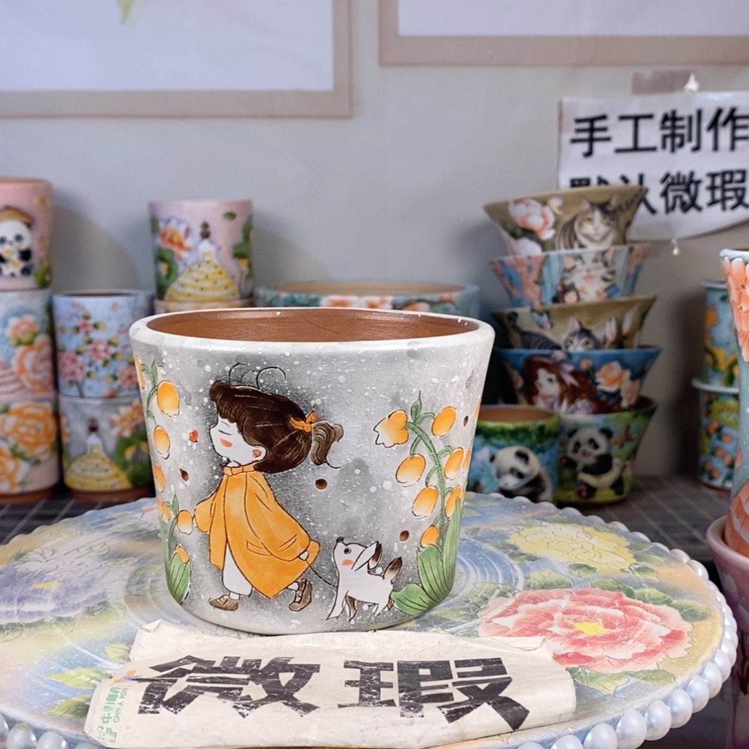 紫砂花盆红陶手绘花盆