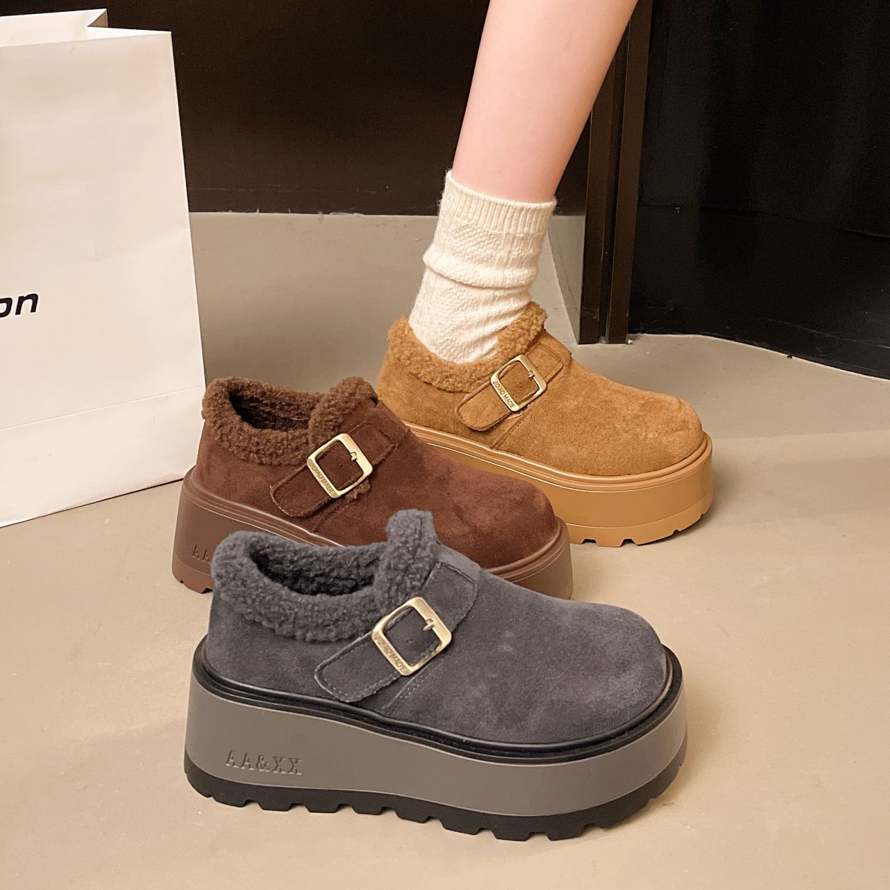 7公分增高厚底勃肯鞋女款保暖加绒休闲百搭潮流风欧美风纯色棉鞋