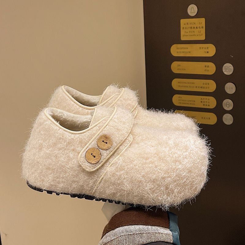 毛茸茸加绒保暖平底魔术贴秋冬舒适软底勃肯鞋女鞋
