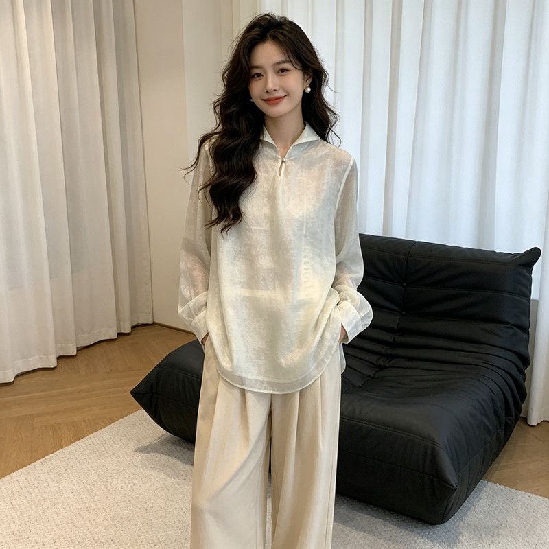 网红同款春季新款高领系扣宽松版纱料大版长袖时髦衬衫小衫女2613